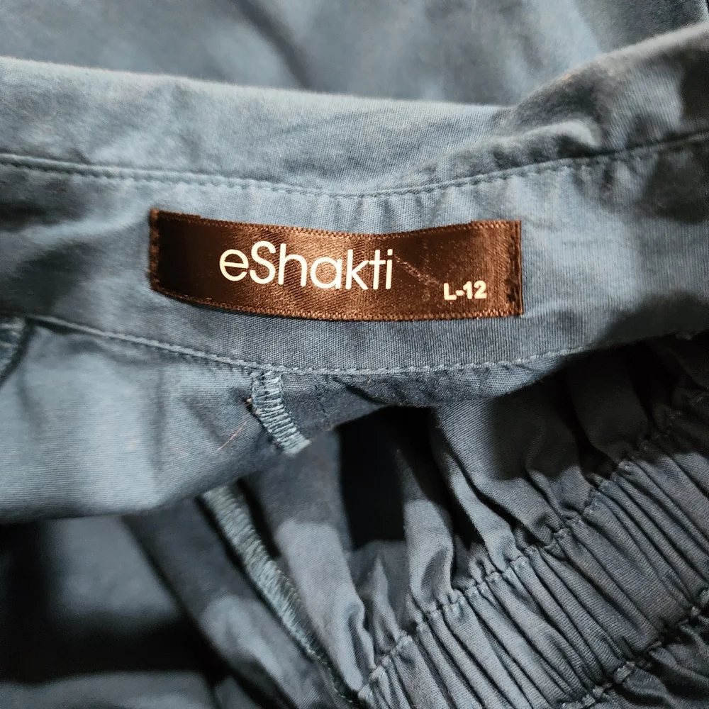 eShakti Cotton Poplin Blouson Midi Dress Dark Teal Classic Flare size Large 12 - Picture 5 of 11